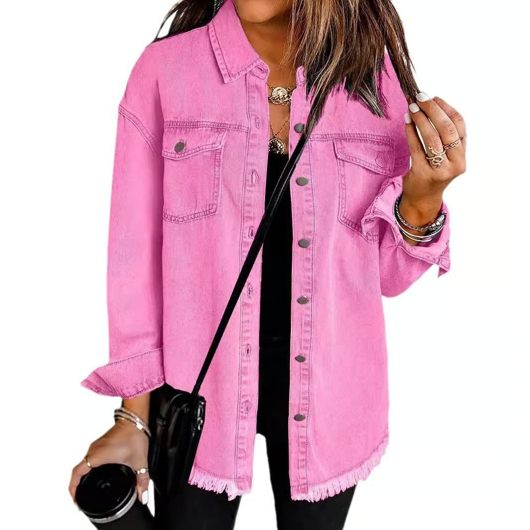 Women's Casual Denim Button Down Distressed Jacket