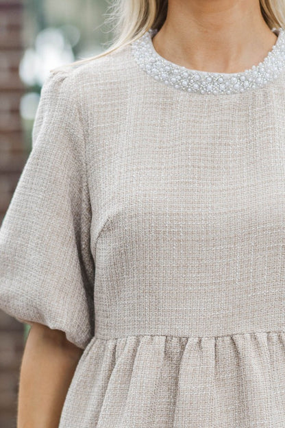 Cherished Moments Oatmeal Tweed Babydoll Dress