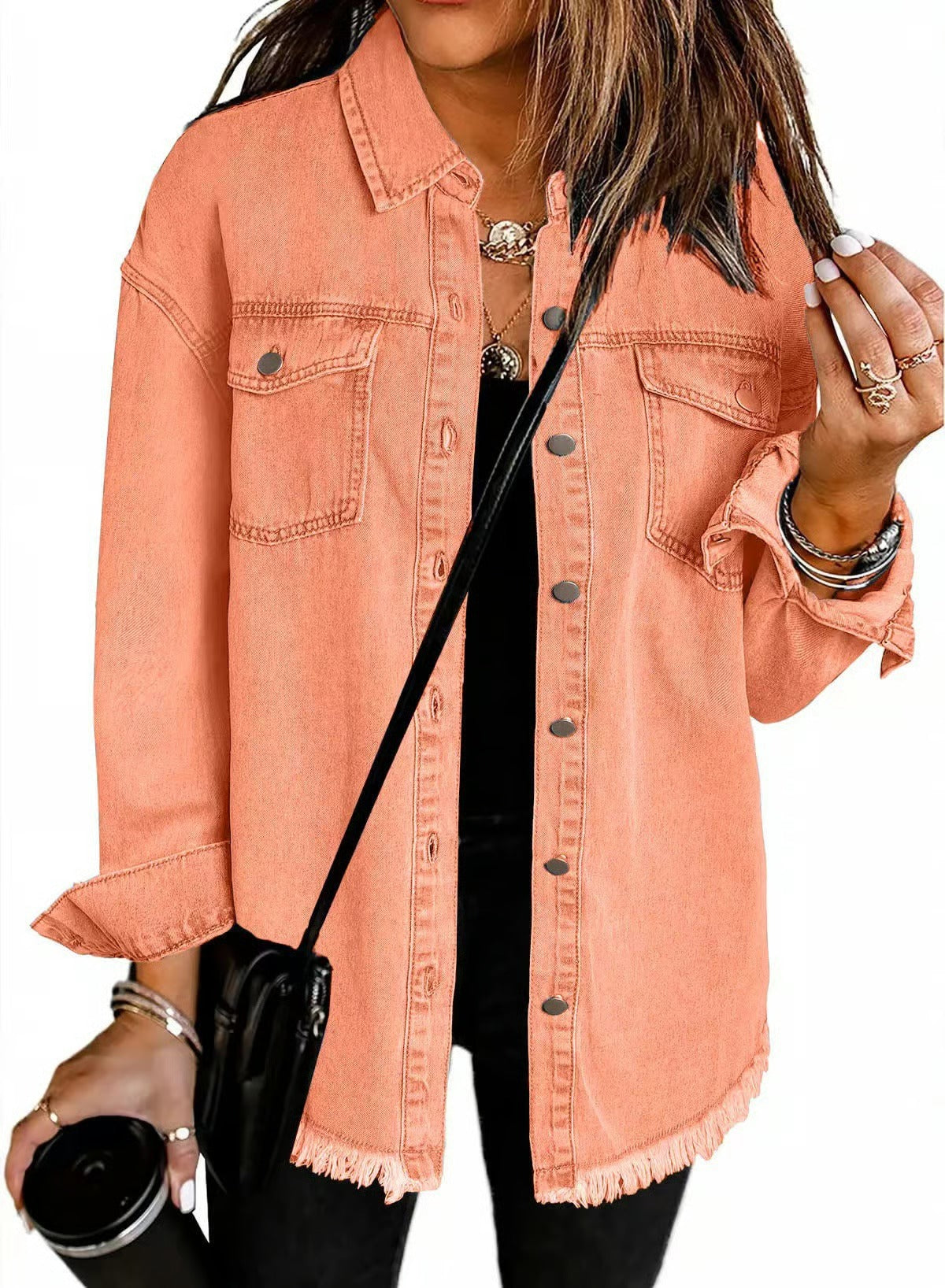 Women's Casual Denim Button Down Distressed Jacket