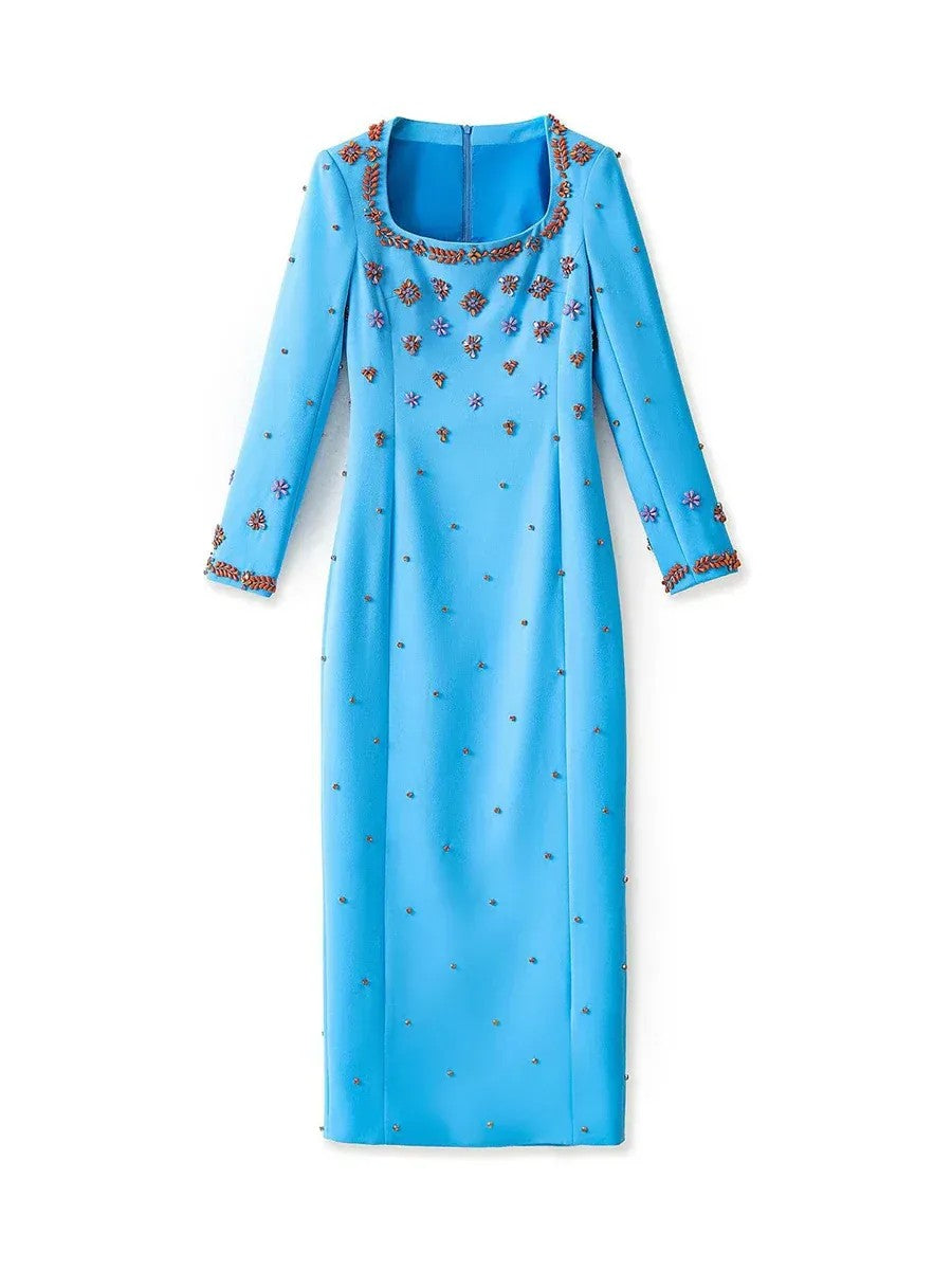 Solid Slimming Spliced Bead Luxurious Dress