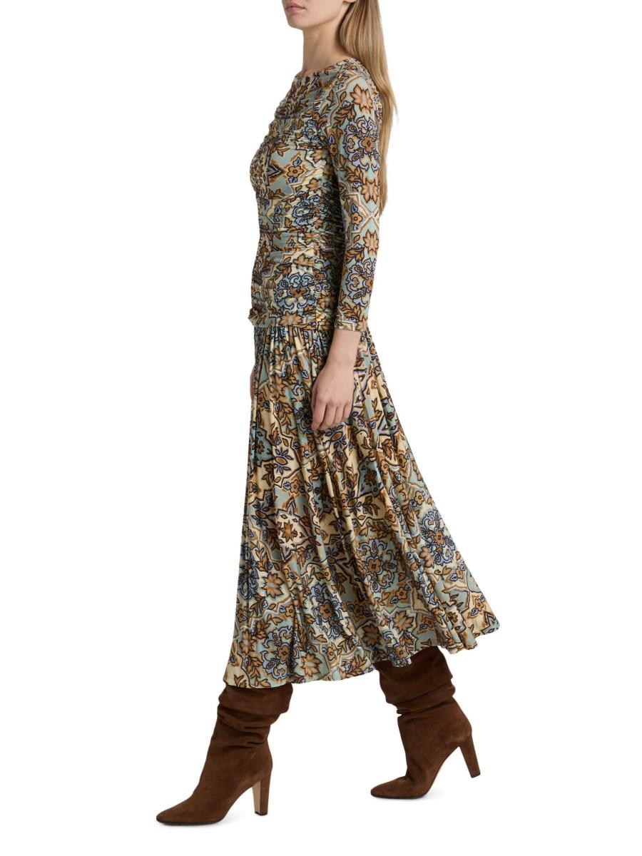 Blue Winter Tapestry Long Sleeve Maxi Dress