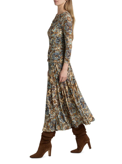 Blue Winter Tapestry Long Sleeve Maxi Dress