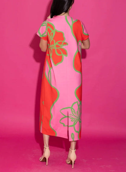 Bright Pink Retro Floral A-Line Mini Dress