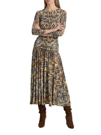 Blue Winter Tapestry Long Sleeve Maxi Dress