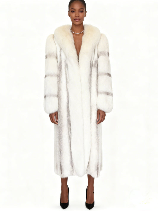 White & Silver Striped Long Fox Fur Coat | Free Shipping Worldwide