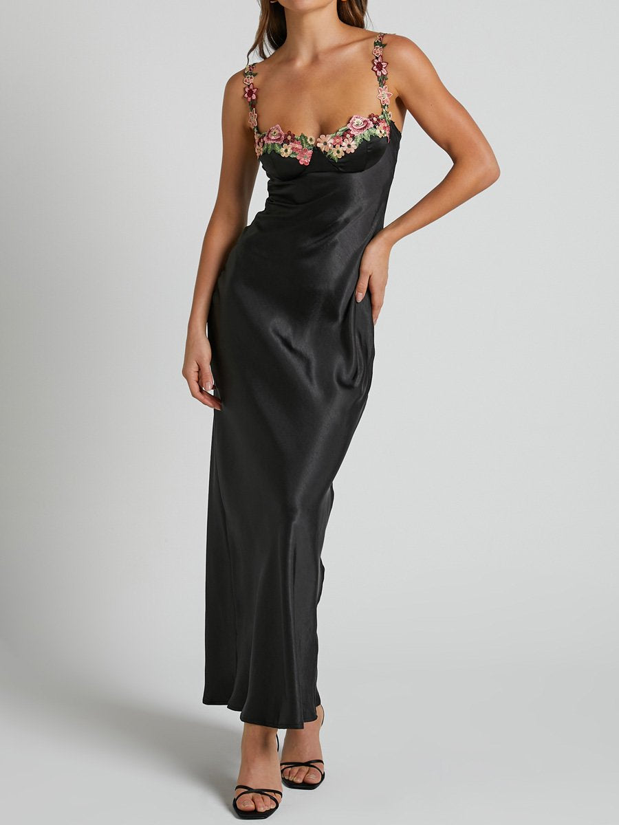 Floral Detail Cup Bust Satin Maxi Dress