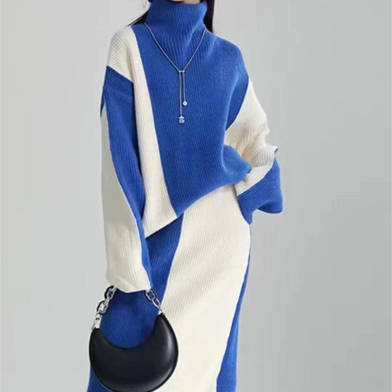 High Collar Long Sleeve Contrast Knit Two-Piece Set