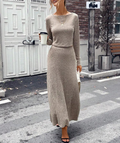 Round Neck Solid Color Long Sleeve Knitted Suit