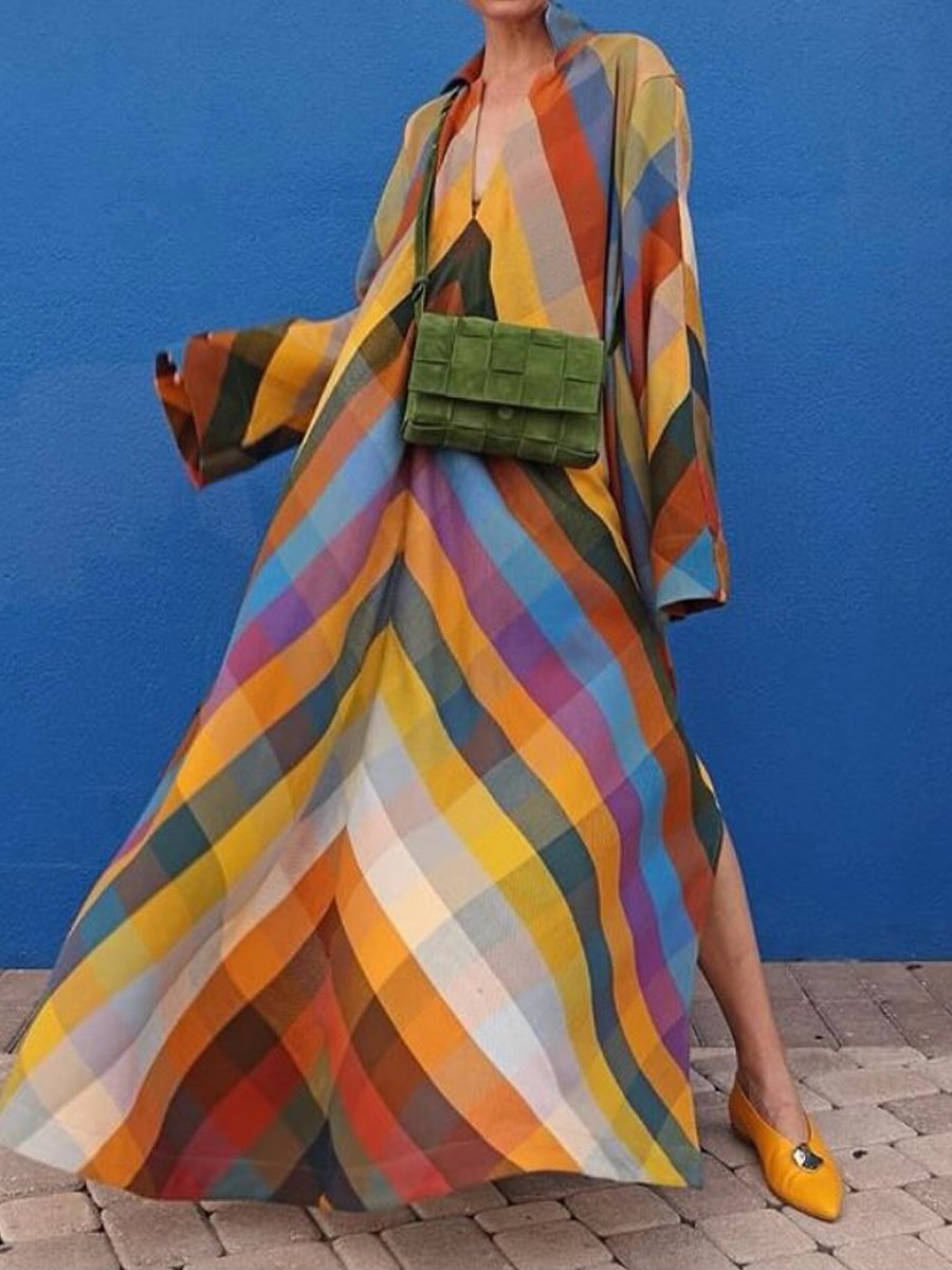 Loose Long Sleeve Color Block Side Split Maxi Dress