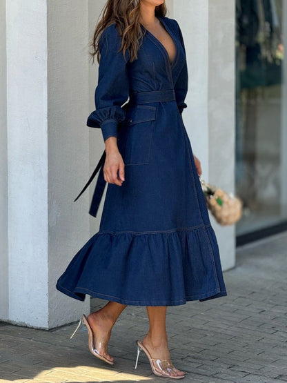 Lace Up V Neck Denim Dress