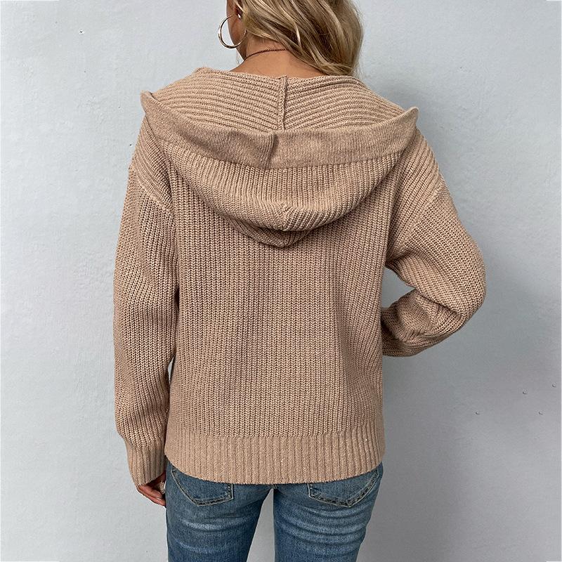 Solid Color Hooded Knit Cardigan