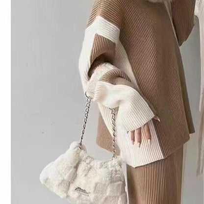 High Collar Long Sleeve Contrast Knit Two-Piece Set