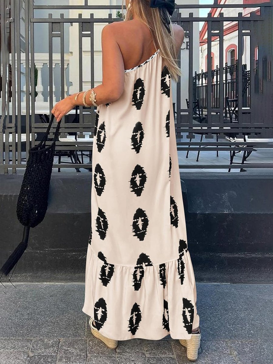 One Shoulder Print Lace Up Bohemian Dress