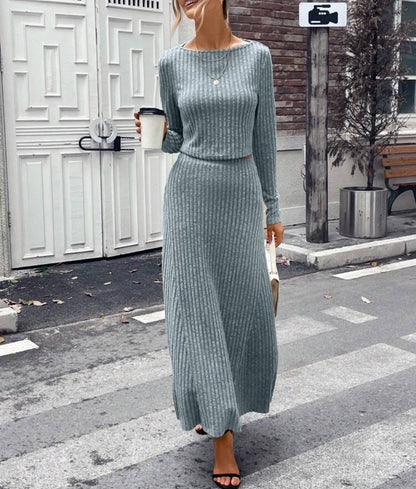 Round Neck Solid Color Long Sleeve Knitted Suit