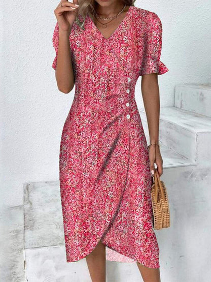 Short Sleeve Green Floral Print Button Front Midi Dress