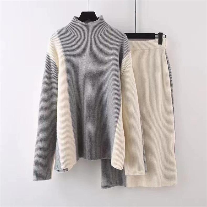 High Collar Long Sleeve Contrast Knit Two-Piece Set