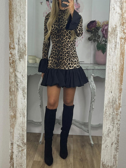 Leopard Print Patchwork Flare Sleeve Dress