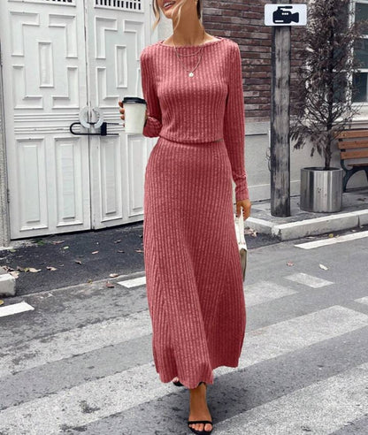 Round Neck Solid Color Long Sleeve Knitted Suit