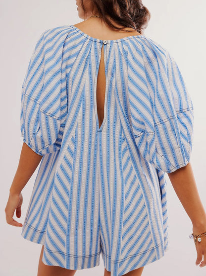 Striped Casual Loose Deep V Wide-leg Romper