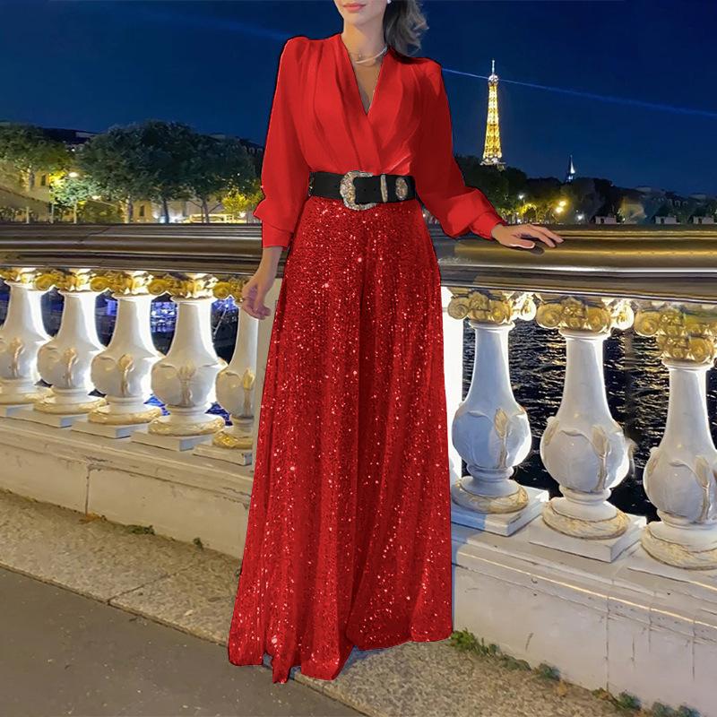 Stylish V-Neck Long Sleeve Shirt & Sequin Wide Leg Pants Two Piece Set