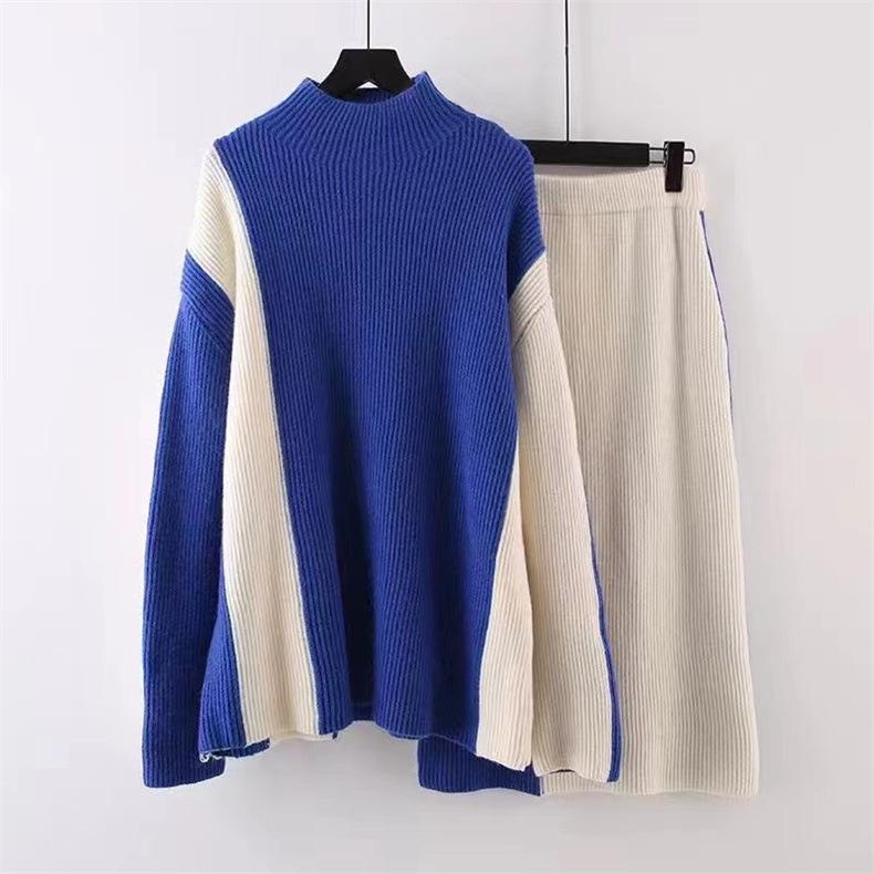 High Collar Long Sleeve Contrast Knit Two-Piece Set