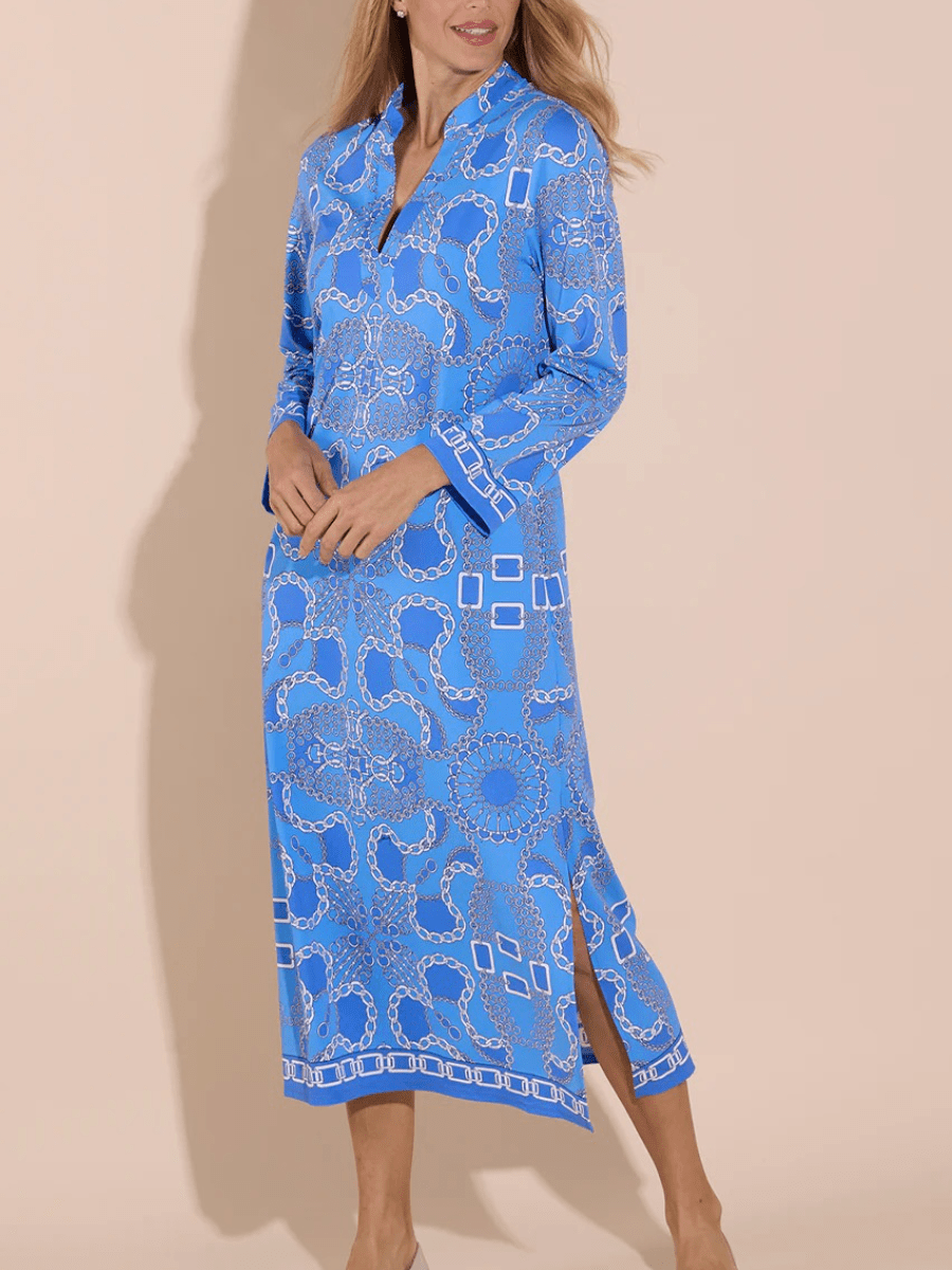 Luxury Chain Link Print Blue Midi Dress - allsose