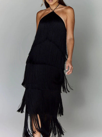 Sleeveless Halter Backless Tiered Fringed Mini Dresses