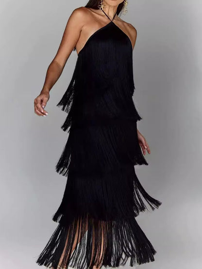 Sleeveless Halter Backless Tiered Fringed Mini Dresses