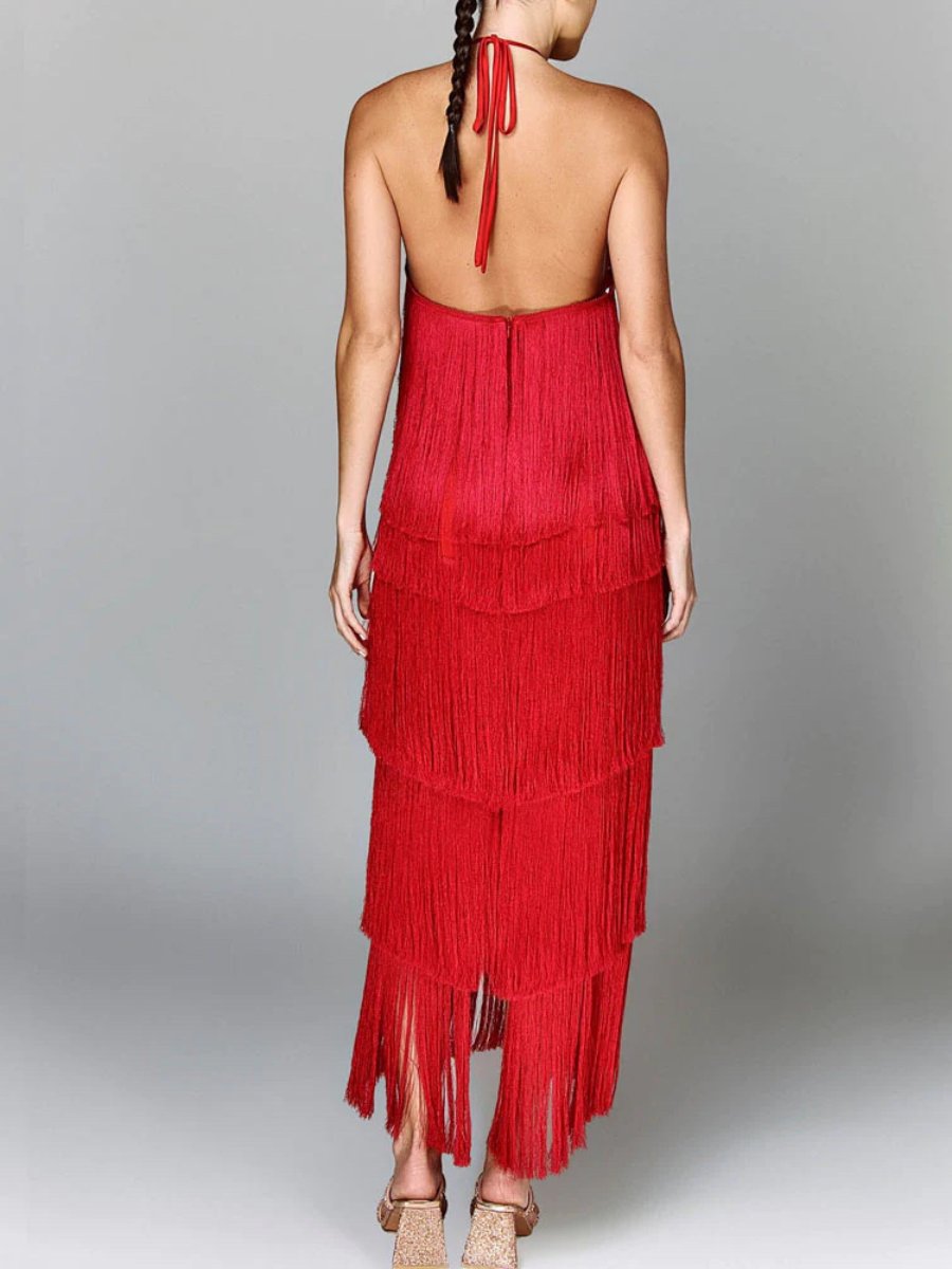 Sleeveless Halter Backless Tiered Fringed Mini Dresses