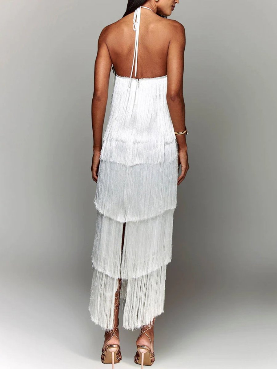 Sleeveless Halter Backless Tiered Fringed Mini Dresses