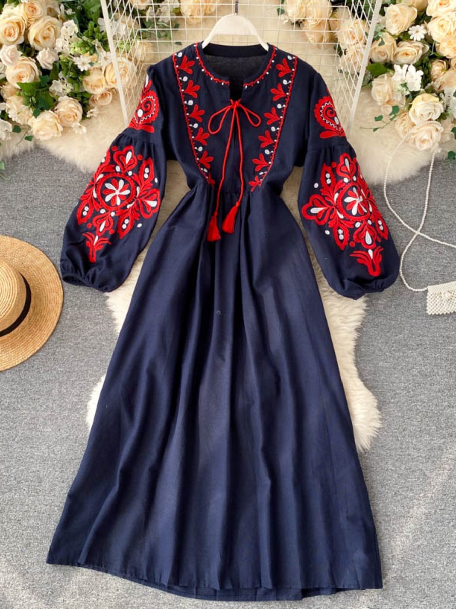 Embroidered Lace-up Lantern Sleeve Dress