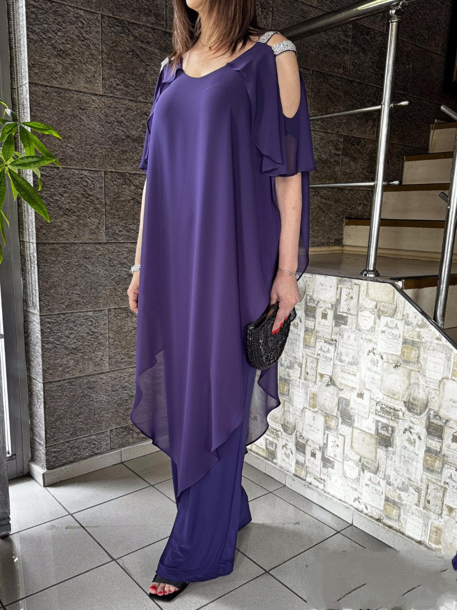 Sequin Chiffon Irregular Hem Cold Shoulder Jumpsuit