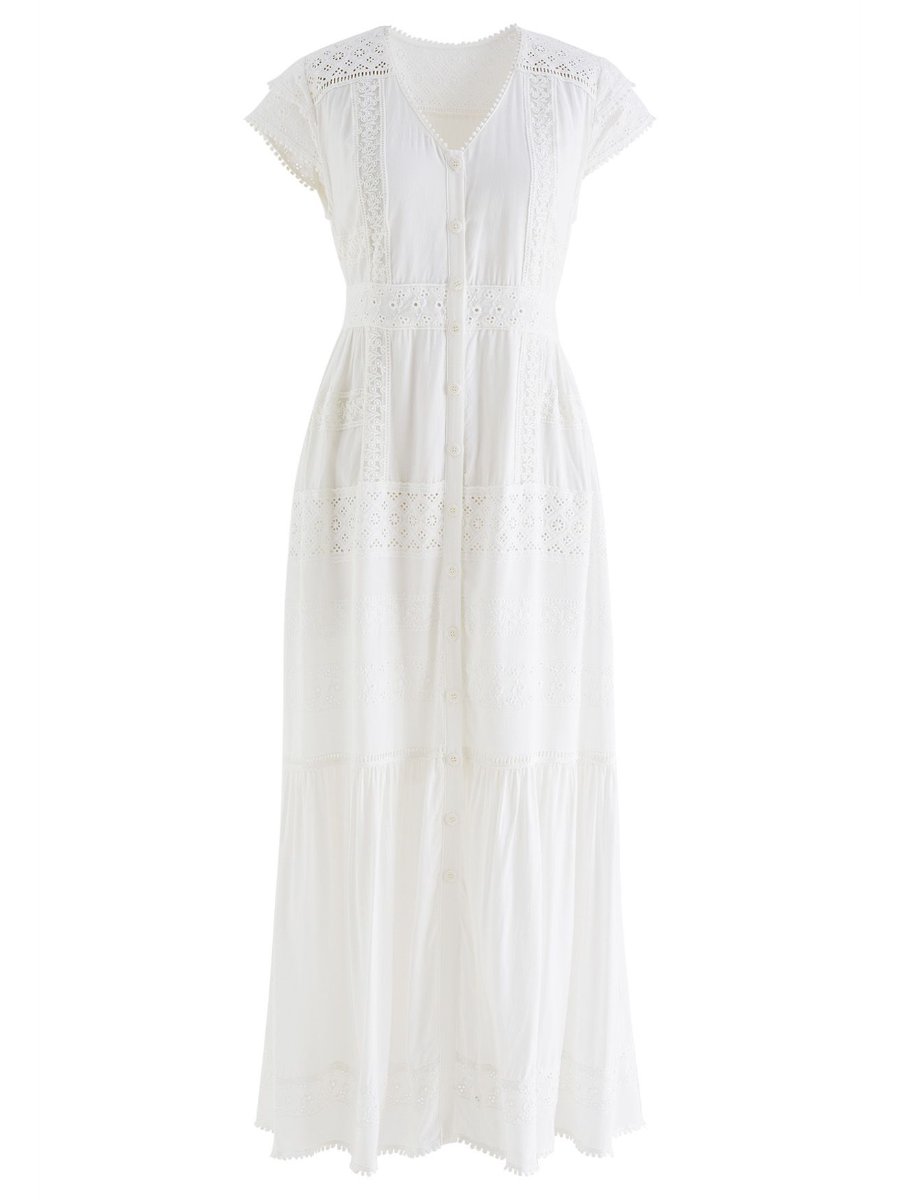 Eyelet Embroidery Panelled Button Down Dress