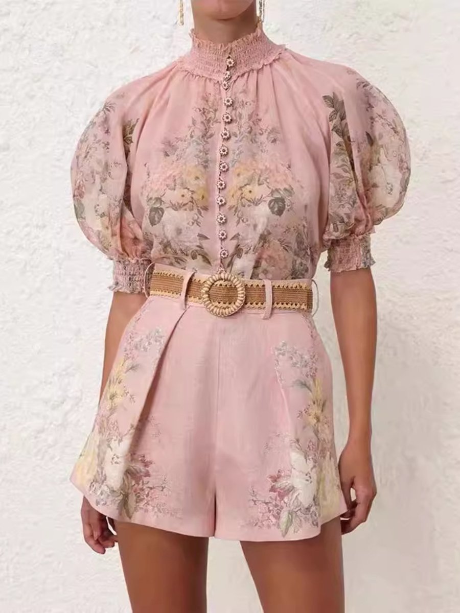 Pink Printed Two-piece Set With Belt