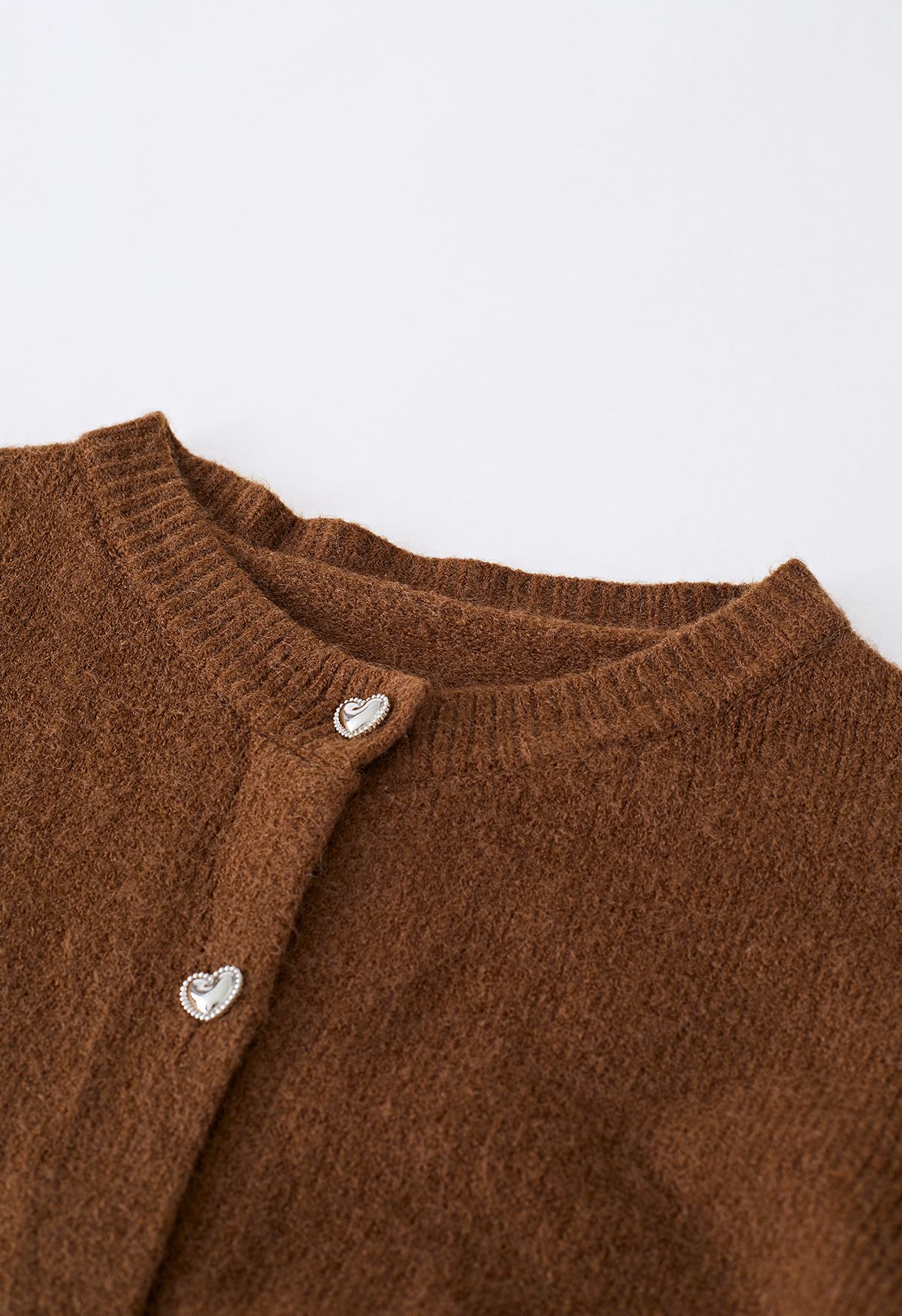 Heart Button Cropped Knit Cardigan Brown