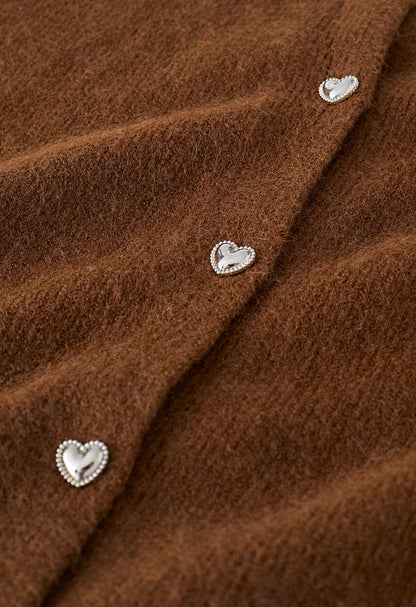 Heart Button Cropped Knit Cardigan Brown