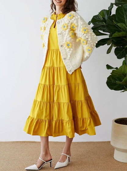 Yellow Floral Pom Pom Knit Cardigan