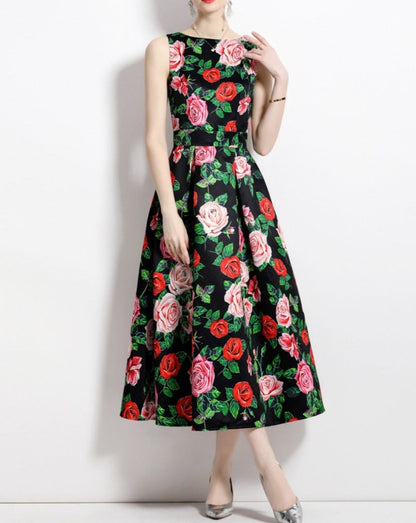 Red Flower Vntage Print Dress