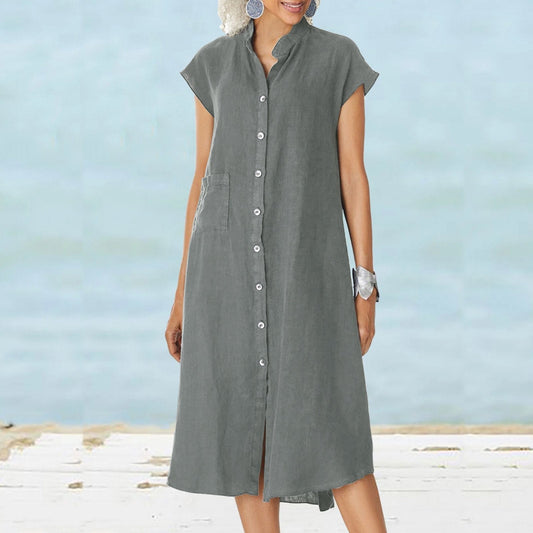 Women’s Button-down Cotton Linen Loose Dress with Pocket