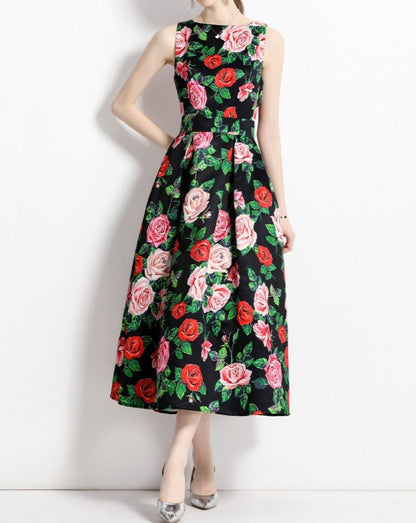 Red Flower Vntage Print Dress