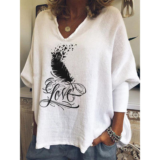 LOVE Feather Print V-neck Long Sleeve Loose T-shirt