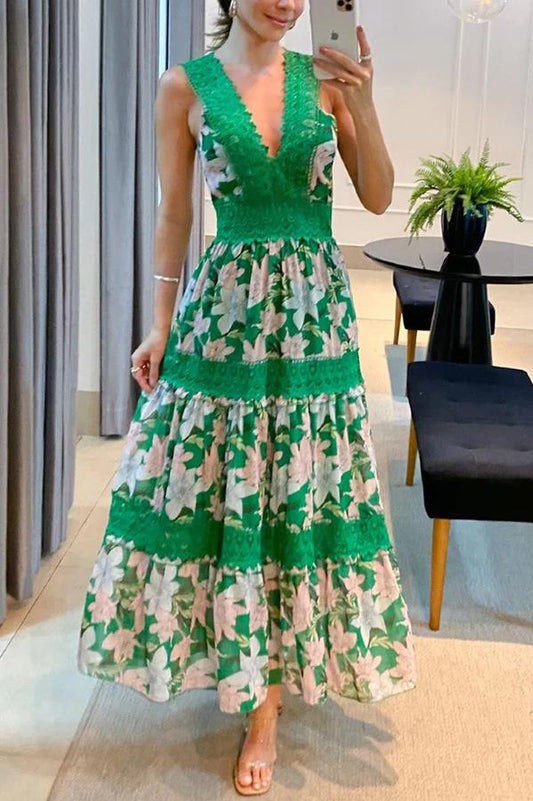 Sunny Garden Lace Trim Floral Midi Dress