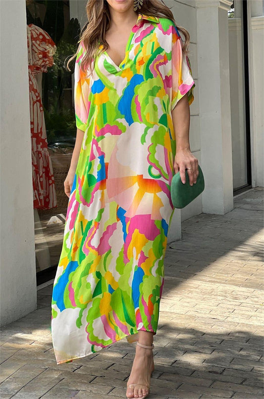 Colorful Print V-neck Loose Dress