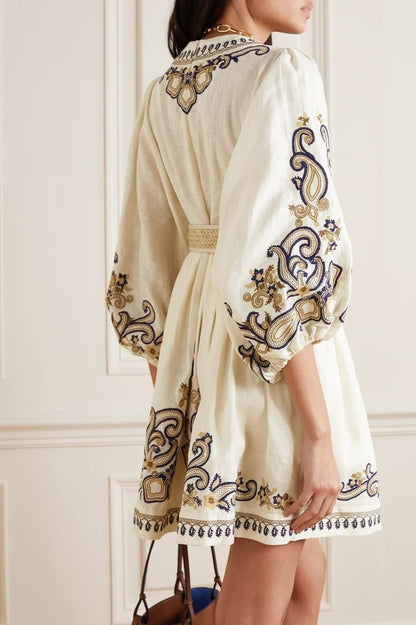 Embroidered Belted Dress