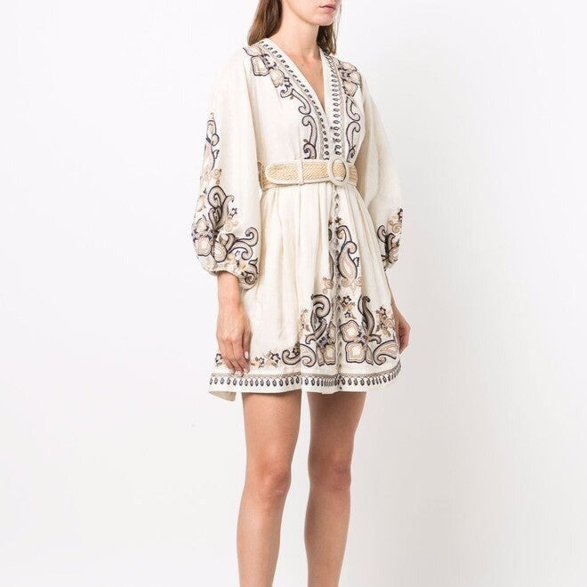 Embroidered Belted Dress