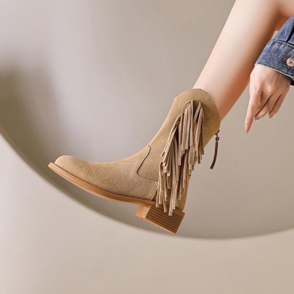 Vintage V Mouth Fringe Mid Cowboy Boots