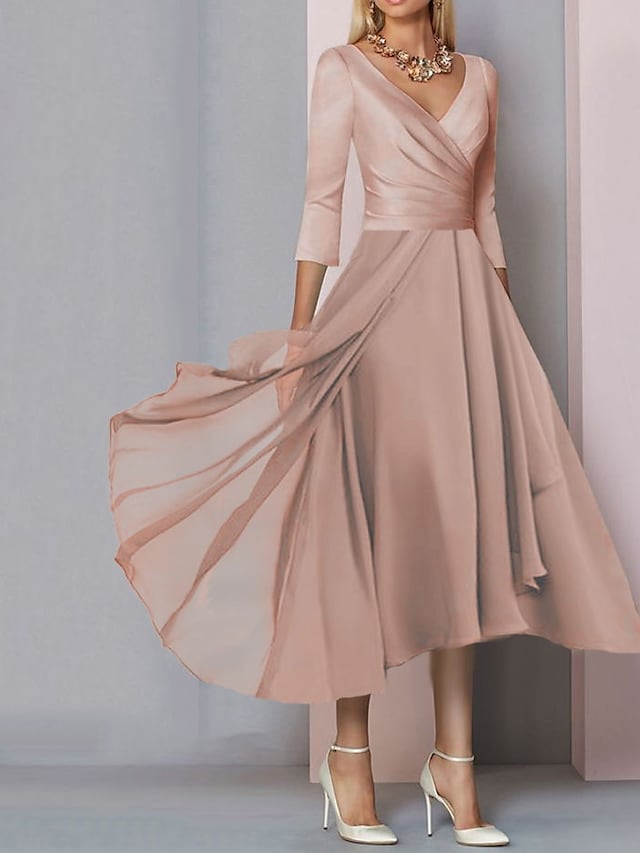 Light Pink Pleated ¾ Sleeve A-Line Maxi Dress